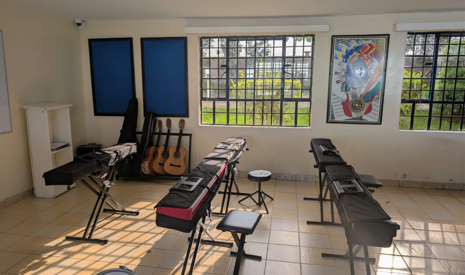Boys' High School music room with instruments